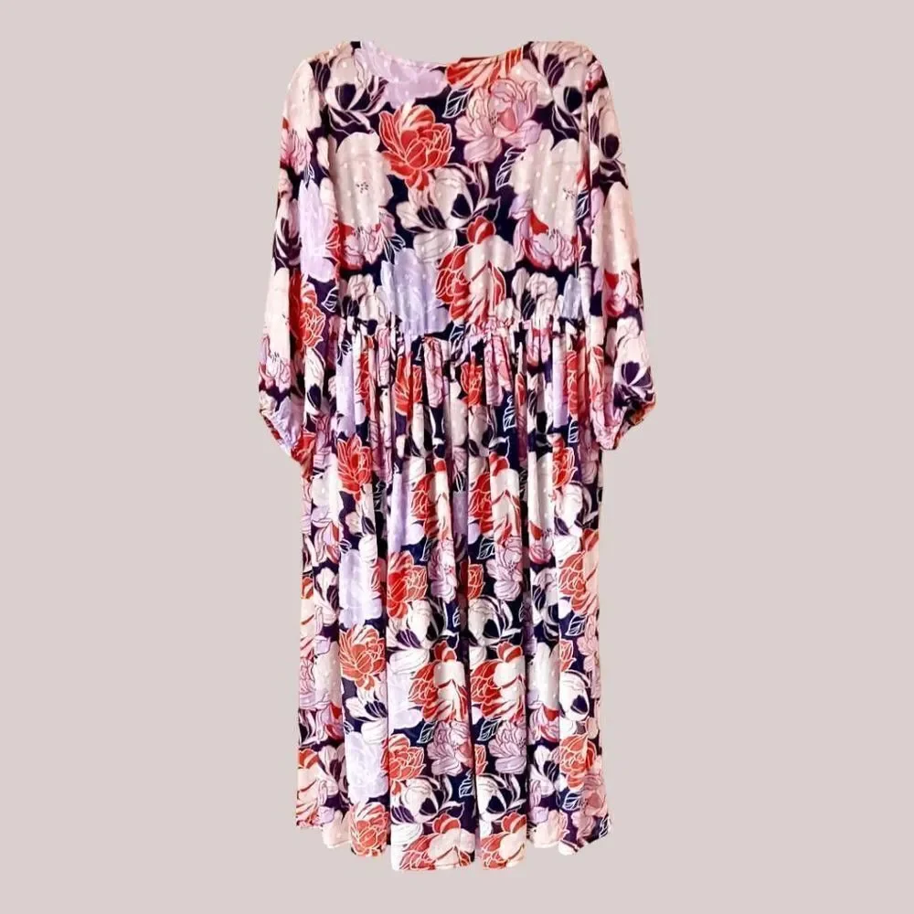 TORRID NEW Navy Floral Swiss Dot Button down Tea- Length Dress. - Picture 8 of 16